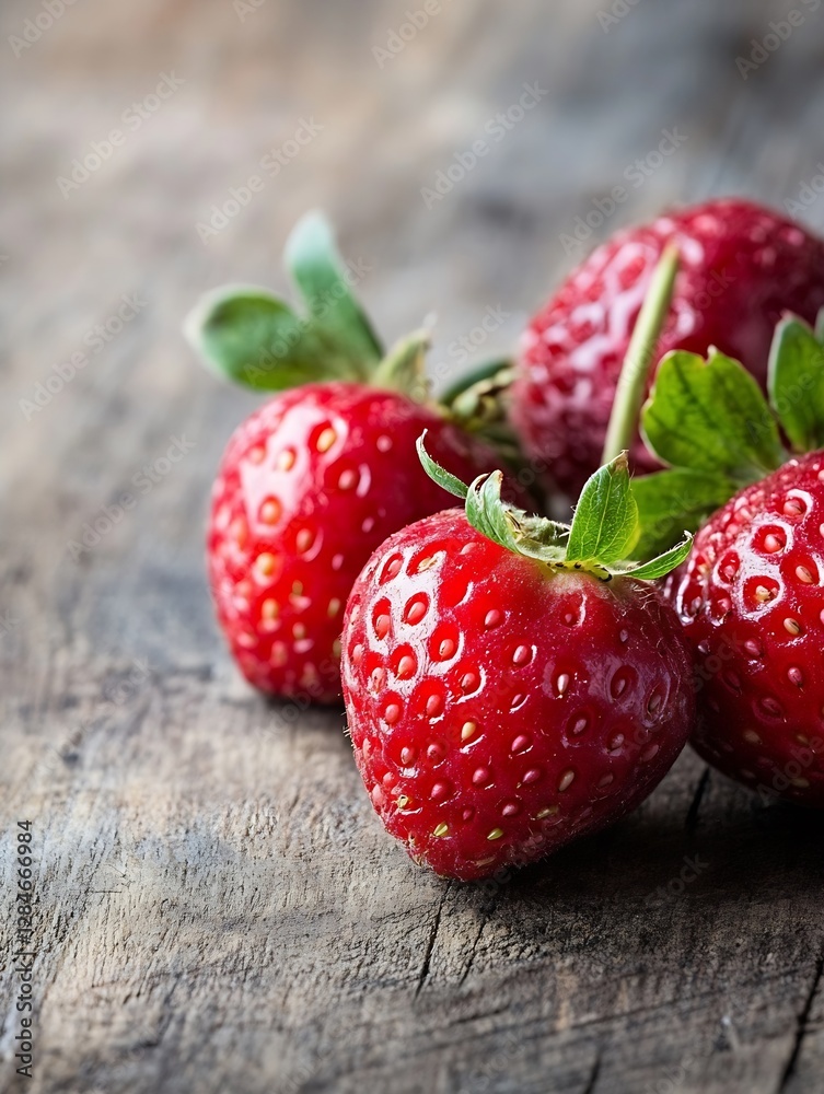 Poster Fresh ripe strawberries glisten on rustic wooden surface creating a vibrant and appetizing display : Generative AI