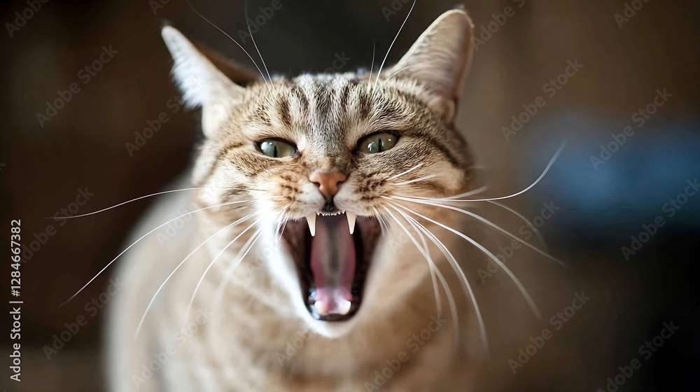 Poster fierce domestic cat showing its teeth while growling with a fierce expression closeup : generative a