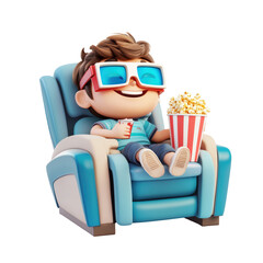 Isolated Boy in Blue Armchair Enjoying a Movie with Popcorn