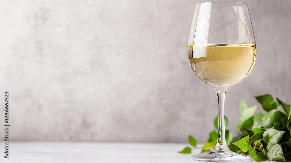 Poster elegant glass of white wine placed next to fresh green leaves on a smooth countertop with a minimali