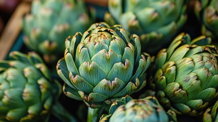 Close-up of fresh artichokes showcasing vibrant green hues and unique textures.