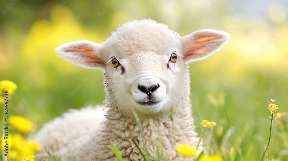 Poster Adorable lamb smiling in a field of flowers showcasing a cheerful expression in a bright and lively outdoor setting : Generative AI