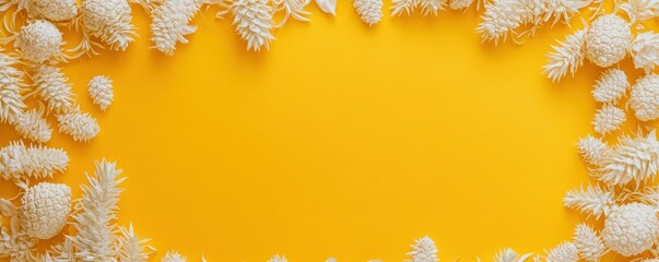 White pinecones and foliage on vibrant yellow background for festive seasonal frame
