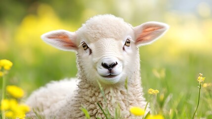 Obraz premium Adorable lamb smiling in a field of flowers showcasing a cheerful expression in a bright and lively outdoor setting : Generative AI