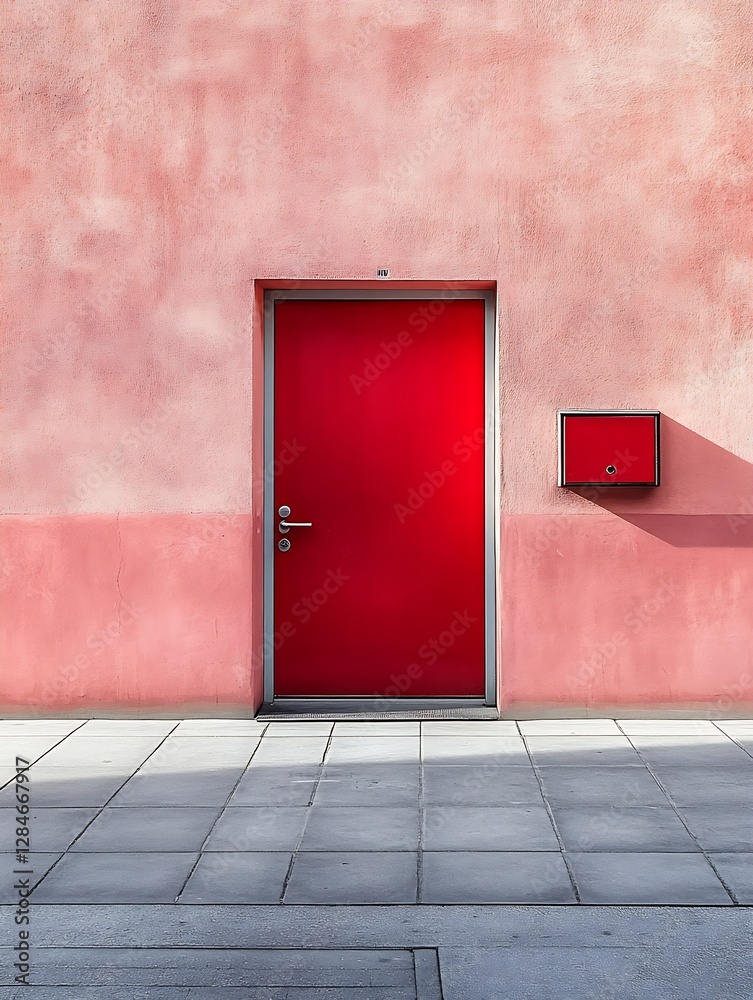 Leinwandbilder Bright red front door with a matching mailbox against a textured pink wall creating a bold visual statement : Generative AI