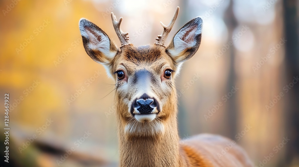 Poster majestic deer showcasing its antlers in a forest during autumn with vibrant foliage in the backgroun