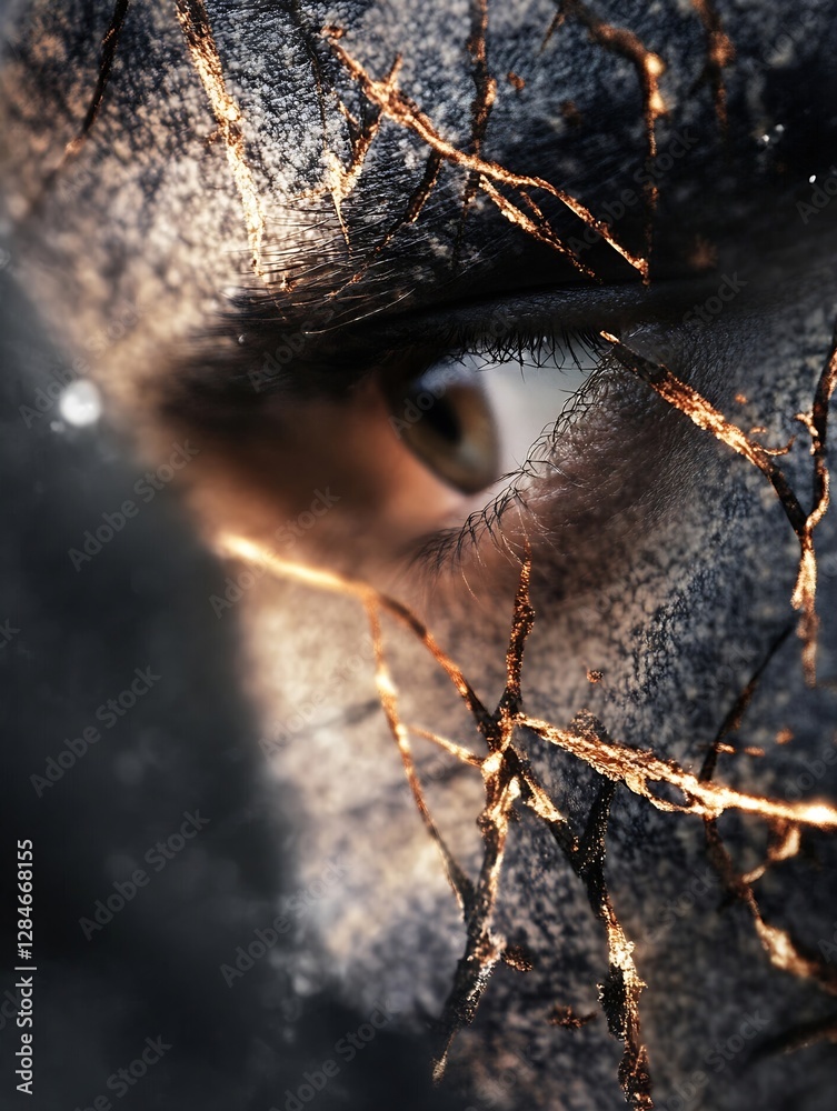 Poster closeup of an eye with cracked skin texture symbolizing vulnerability and inner strength : generativ