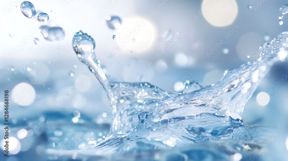 Poster Close up of water droplets splashing and creating a beautiful wave motion with a soft blur background : Generative AI