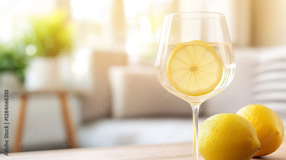 Leinwandbilder fresh lemon slices in a glass of water with ripe lemons on a wooden table in a cozy setting : genera