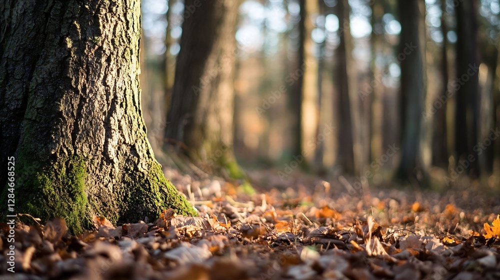 Poster detailed view of majestic tree trunk with green moss in a serene forest setting : generative ai