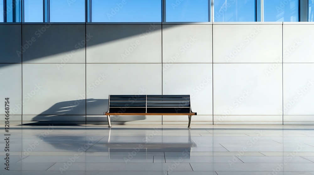 Poster Modern minimalistic bench under soft daylight creating shadows in a tranquil indoor setting : Generative AI