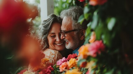 Romantic elderly couple embracing among blooming flowers, joyful and loving moment, deep connection, nature appreciation.