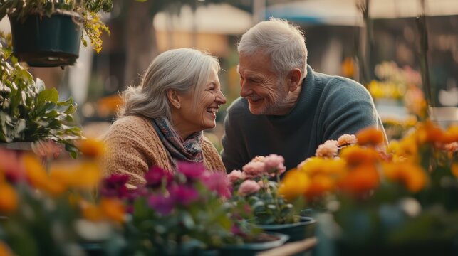 Senior couple working together in colorful flower garden, happy lifestyle, shared hobby, organic gardening.