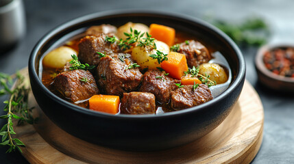 A modern take on Blanquette De Veau, featuring a creamy beige bowl of beef stew, symbolizing warmth, comfort, and traditional culinary art reimagined for contemporary tastes