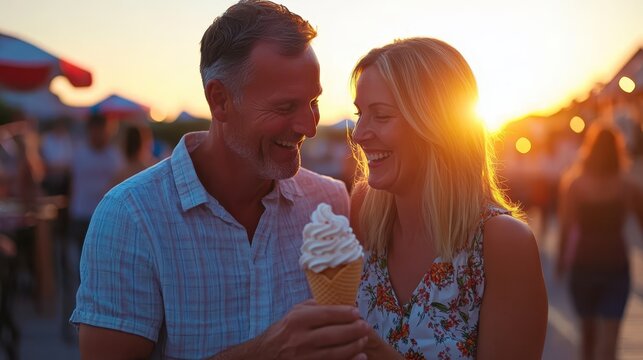 Couple enjoying ice cream by seaside during sunset, romantic summer date, happy love, warmth and laughter.