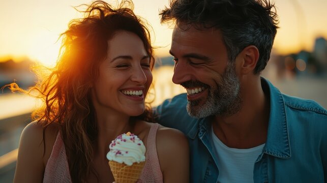 Romantic couple at sunset enjoying ice cream, golden light, summer happiness, love and togetherness, joyful moment. - Powered by Adobe