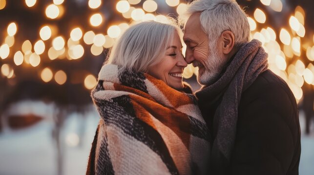 Elderly couple wrapped in warm scarf, romantic winter moment, deep companionship, holiday warmth and love.