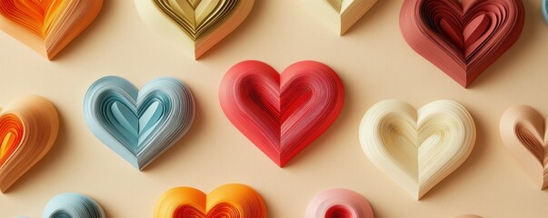 Colorful paper hearts on beige background arranged in rows, featuring textured layers and warm tones