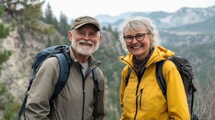 Fototapeta premium Older couple hiking in mountains, adventure and companionship, enjoying nature and active senior lifestyle.