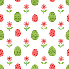 Seamless pattern with easter eggs and flowers on a white background