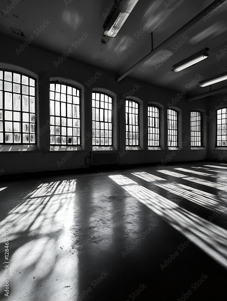 Fototapete artistic black and white photograph of an empty industrial space with light and shadows casting thro
