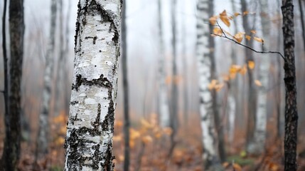 Obraz premium Misty Forest with Birch Trees and Autumn Leaves Creating a Serene and Enigmatic Atmosphere : Generative AI