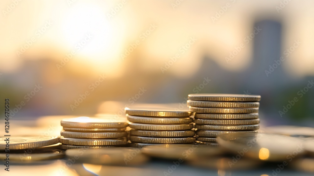 Aufkleber stacks of coins with a blurred cityscape in the background exuding a sense of wealth and financial p