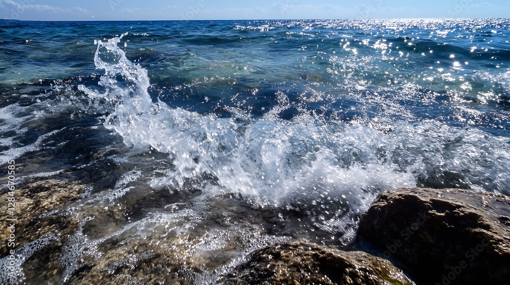 Poster Dynamic seascape capturing the splashing waves and bright sunlight glimmering on the water surface at the coast : Generative AI
