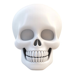Obraz premium A whimsical 3D cartoon-style skull characterized by a broad, toothy grin, uniquely set against a stark black background, exuding a playful and lighthearted atmosphere.