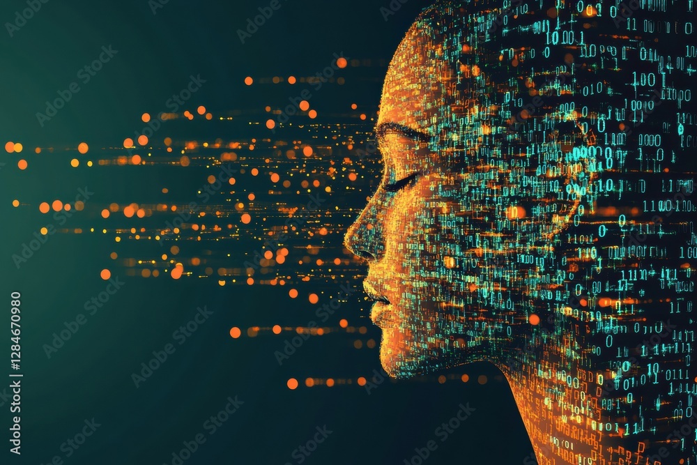Poster Human face outline transitions into binary code, illustrating the future of artificial intelligence and data flow. Generative AI