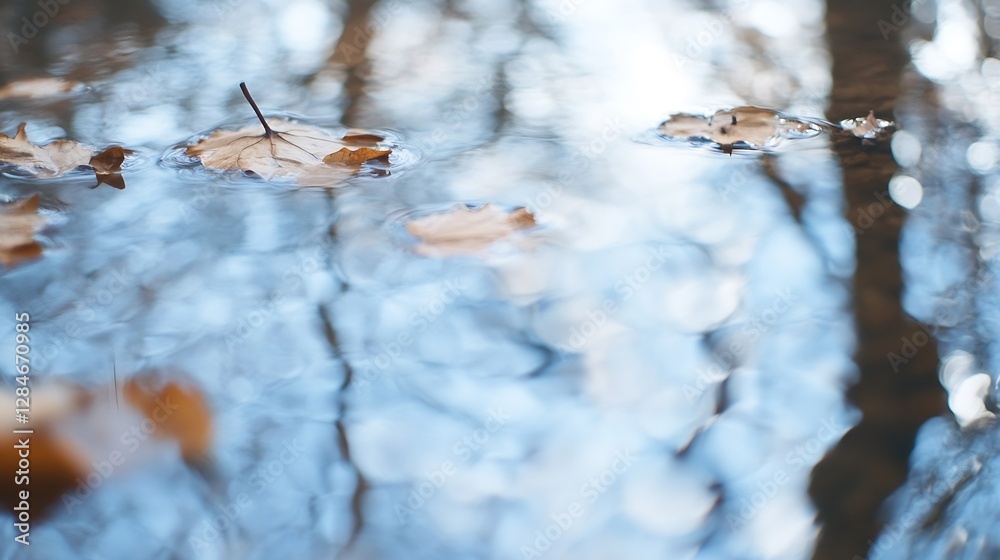 Leinwandbilder Calm water surface reflecting autumn leaves creating a beautiful abstract nature pattern : Generative AI