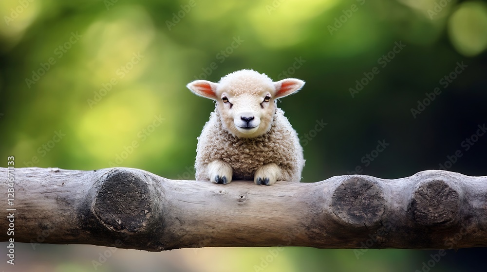 Poster cute fluffy lamb resting on a wooden log surrounded by beautiful greenery and natural light : genera