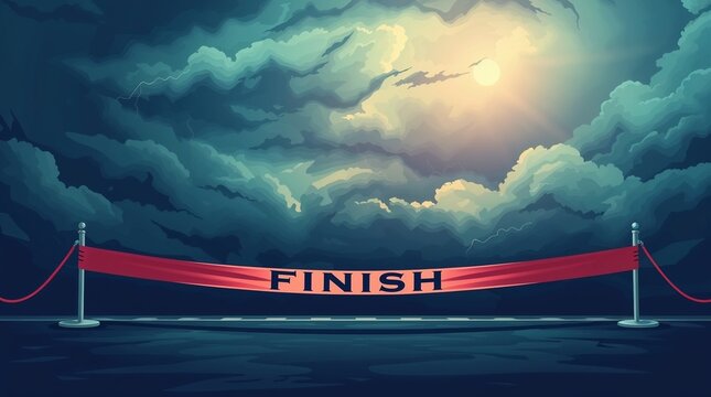 Finish line ribbon under dramatic sky, symbolic end of the race with a powerful and victorious atmosphere