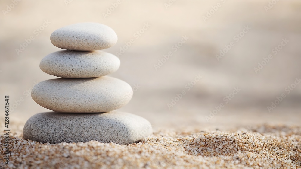 Poster balanced stones elegantly stacked on a sandy surface representing tranquility and natural beauty in 