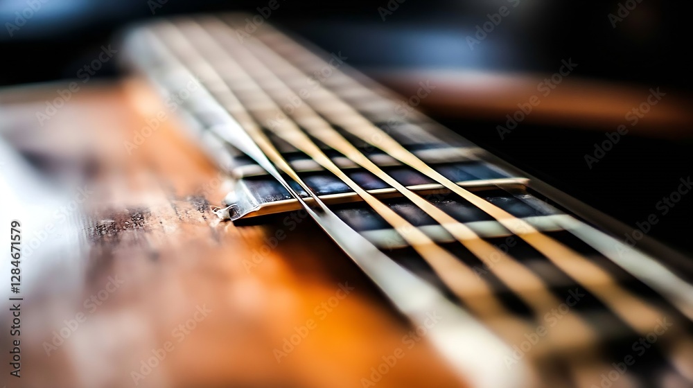 Poster close up view of guitar strings and fretboard on a wooden acoustic guitar in soft light : generative