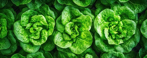 Fototapeta premium Fresh green lettuce heads in rows displaying vibrant leaves and crisp texture