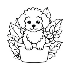 Whimsical Dog in a Flower Pot – Detailed Coloring Book Illustration
