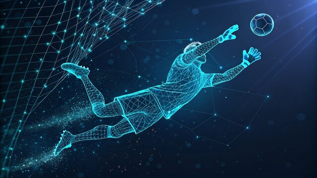Futuristic Digital Wireframe Goalkeeper Saves Soccer Ball – AI Technology Concept