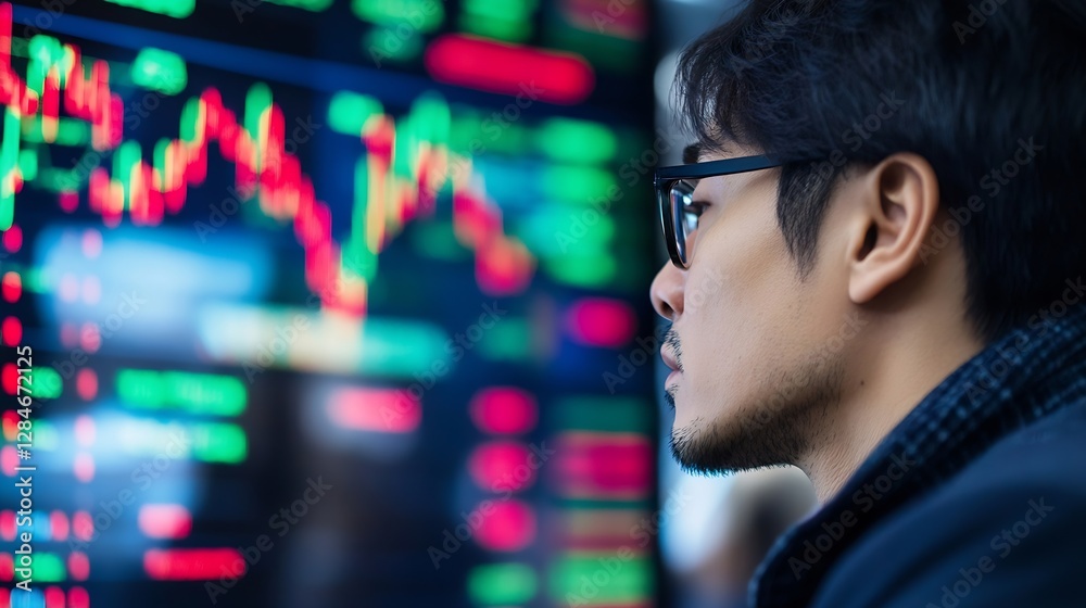 Fototapete Introspective Trader Analyzing Stock Market Trends Displayed on a Digital Screen Filled with Data : Generative AI