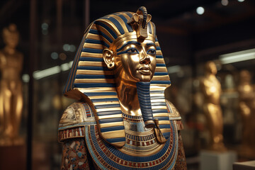 Majestic Pharaoh of Ancient Egypt with Royal Attire, Golden Crown, Hieroglyphs, and Pyramids of Giza in the Background, Symbolizing Power, Mystery, and Ancient Civilization. History book. 
