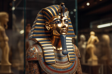 Fototapeta premium Majestic Pharaoh of Ancient Egypt with Royal Attire, Golden Crown, Hieroglyphs, and Pyramids of Giza in the Background, Symbolizing Power, Mystery, and Ancient Civilization. History book. 