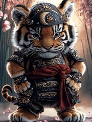 Fototapeta premium A majestic Bengal tiger, donned in full samurai armor, stands with an unshakable presence. His piercing amber eyes radiate wisdom and discipline, while the ancient battle-worn lamellar armor glistens 