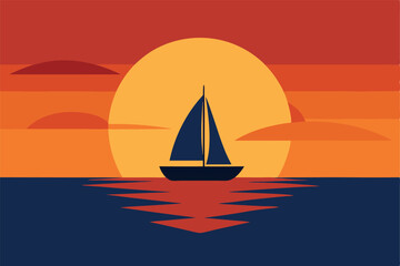 Fototapeta premium Calm Sea and Stunning Sunset with Sailboat Silhouette