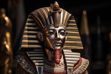 Majestic Pharaoh of Ancient Egypt with Royal Attire, Golden Crown, Hieroglyphs, and Pyramids of Giza in the Background, Symbolizing Power, Mystery, and Ancient Civilization. History book. 