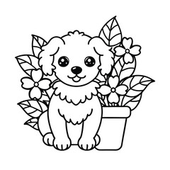 Whimsical Dog in a Flower Pot – Detailed Coloring Book Illustration
