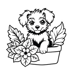 Whimsical Dog in a Flower Pot – Detailed Coloring Book Illustration
