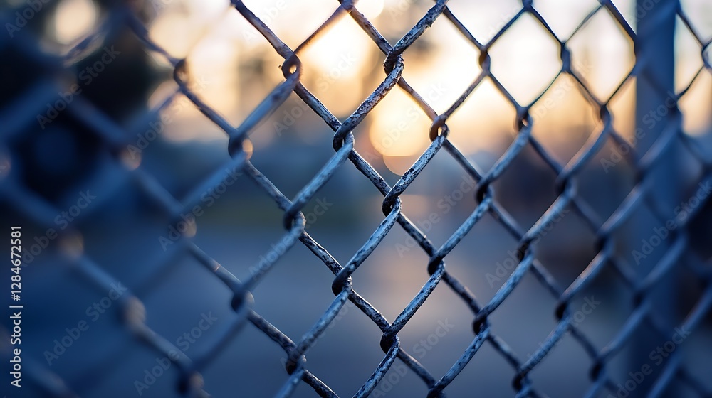 Fototapete Closeup View of a Chain Link Fence with Sunset Light Blurring Through the Links : Generative AI