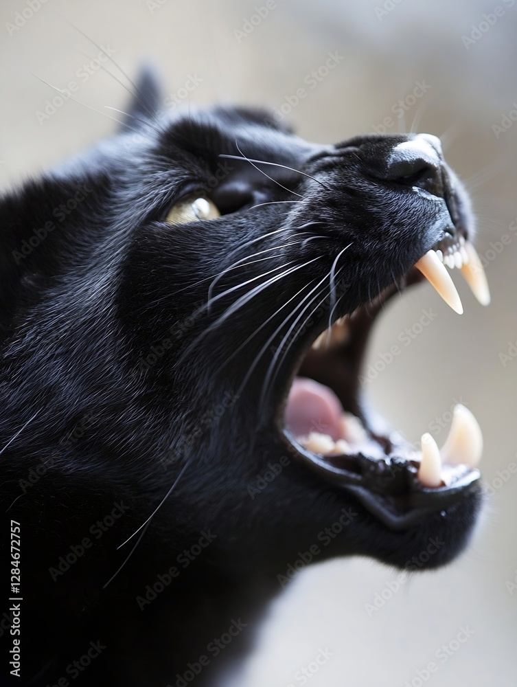 Poster intense close up of a black panther roaring fiercely showcasing sharp teeth and powerful expression 