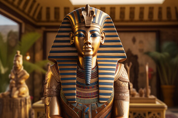Majestic Pharaoh of Ancient Egypt with Royal Attire, Golden Crown, Hieroglyphs, and Pyramids of Giza in the Background, Symbolizing Power, Mystery, and Ancient Civilization. History book. 