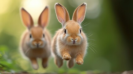 Obraz premium Two bunnies running in a forest. Possible use Stock photo for children's books, nature, or animal-related websites